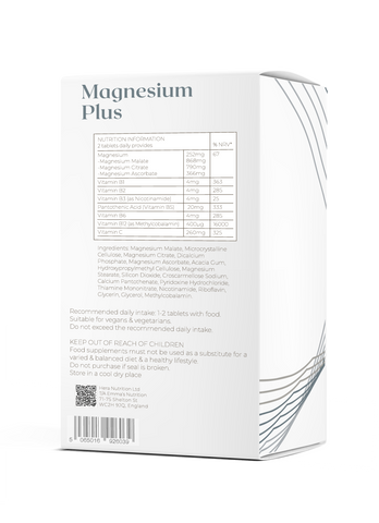 Emma’s Nutrition Magnesium Plus, 90 tablets, back of box showing nutrition information